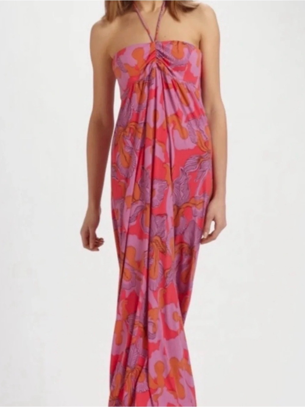 Tibi Iris Ikat Floral Padded Halter Maxi Dress Pink XS